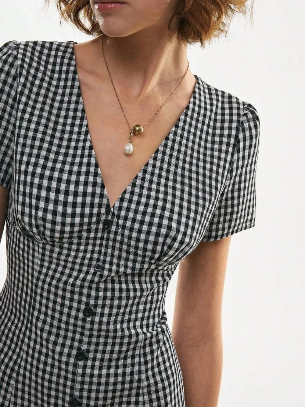 Black Casual Women's Plaid Button-Front V-Neck Mini Dress
